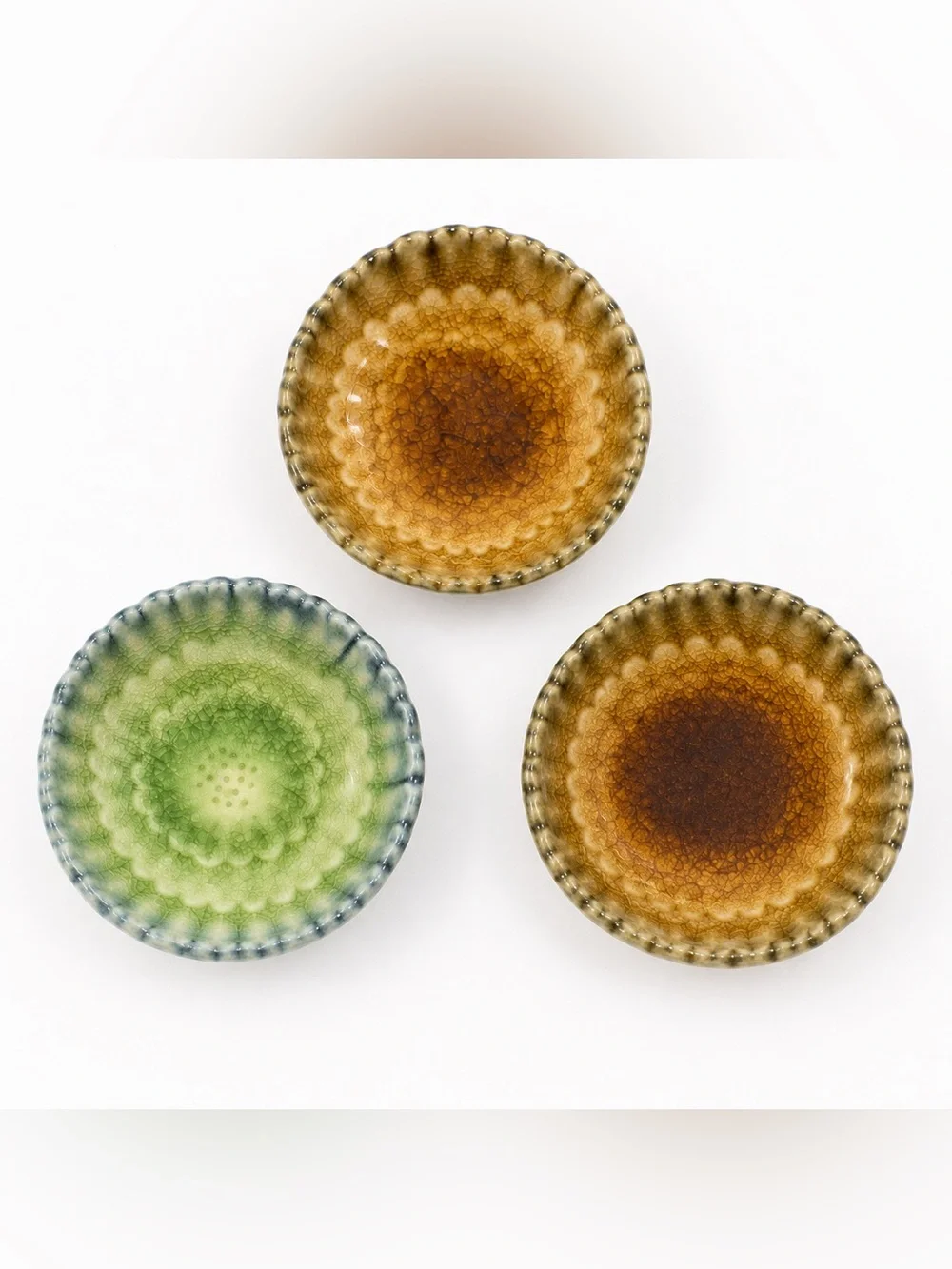 Vintage Japanese Lotus Flower Dipping Bowls – Set of 3 Crackle Glaze Pottery